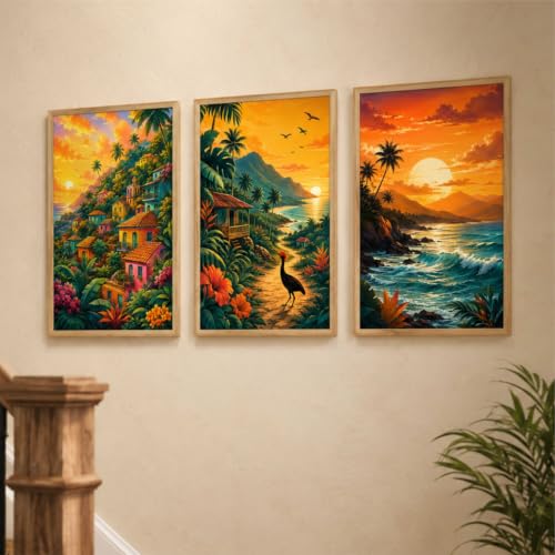 Image of Livin'luxe Set of 3 Tropical Sunset Landscape Wall Paintings for Living Room Dining Bedroom Home Decor with Premium Wooden Color Synthetic Frame (13.5 x 19.5 Inch) NM03-75