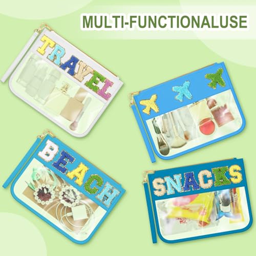 Remerry 4 Pack Chenille Letter Bag Clear Monogram Cosmetic Makeup Bag Travel Snack Beach Stuff Patch Pouch Preppy Gifts for Women Girls3