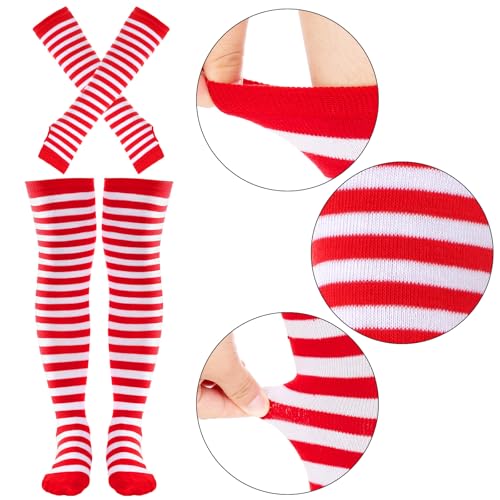 Image of Tongcloud Women's Striped Knee High Socks, Over Knee Thigh High Socks, Arm Warmer and Fingerless Gloves Set