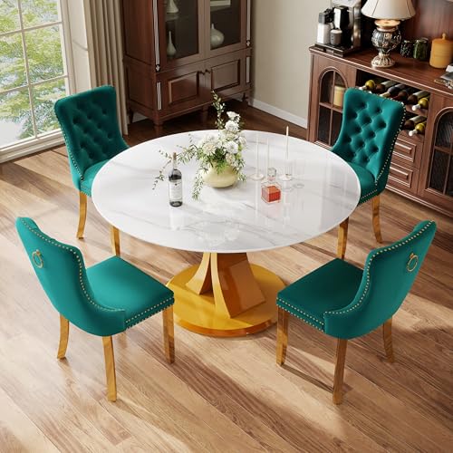 Image of 5-Piece Dining Table Set with 47In Faux Marble Table and 4 Velvet Upholstered Chairs, Modern Scandinavian Furniture for Dining Room Kitchen(Green&Gold)