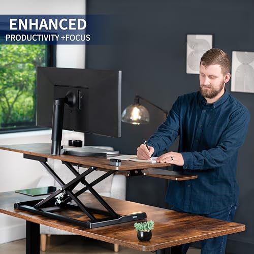Image of VIVO 48 inch Desk Converter, K Series, Height Adjustable Sit to Stand Riser, Dual Monitor and Laptop Workstation with Wide Keyboard Tray, Rustic Vintage Brown Top, Black Frame, DESK-V048KN