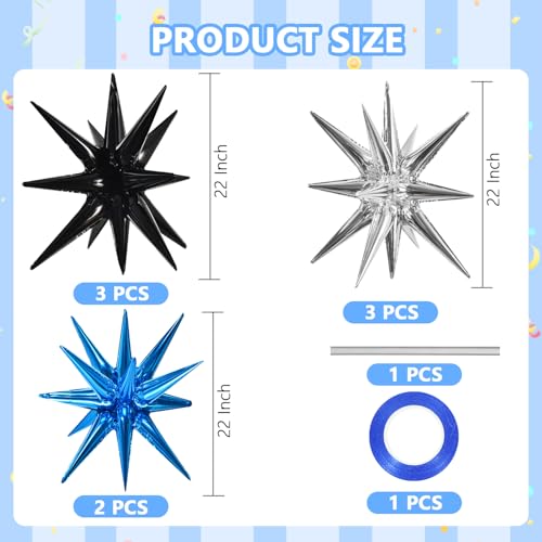 Image of TONIFUL 8Pcs Blue Black Silver Explosion Star Foil Balloon Party Decoration | 22 Inch Large Mylar Star Balloon for 30th 40th Men's Birthday Dark Space Themed Baby Shower Bachelorette New Year Party Decor