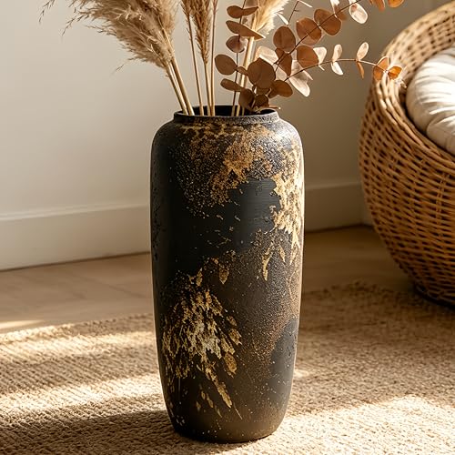 Duoqulou Jarrón de suelo de cerámica Boho de 40 cm, jarrón rústico vintage para decoración de salón, hierba de las Pampas o flores secas, perfecto para estantes y mesas