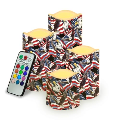 Image of Star Stripes Patriotic Electric Candle American Flag Bald Eagle Print Flameless LED Flickering with Timer Independence Day Patriotic Light for Fireplace Living Room Decor, 4 Pack