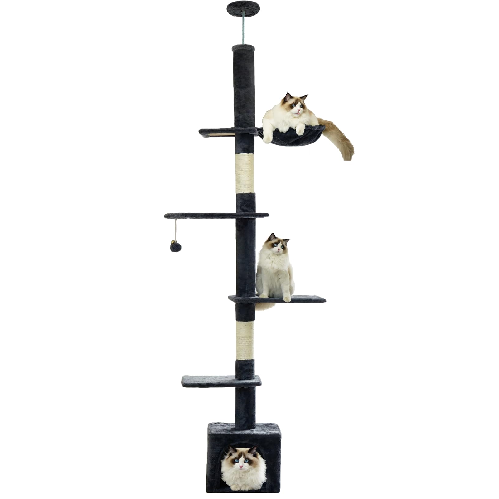 NEGTTE Cat Tree Floor to Ceiling Cat Tower with Adjustable Height, Cat Climbing Activity Center with Cozy Condo& Hammock, Platforms and Dangling Balls for Indoor Cats (Dark Gray,007)