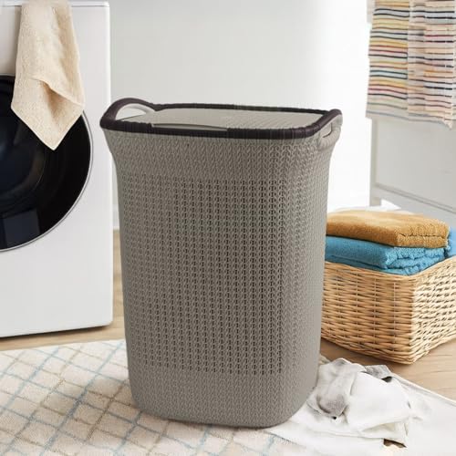 PrettyKrafts 60 L Plastic Laundry Basket with Lid | Large Clothes & Toy Storage Bin 61×45×35 cm | Durable Ventilated Knit Design | Easy-Grip Handles | Ideal for Home & Kids Room Organiser