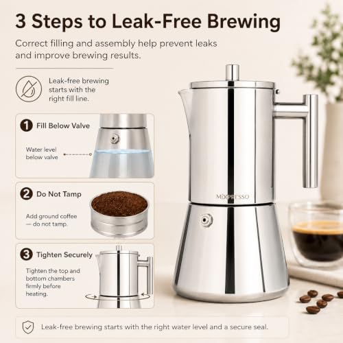 Image of Mixpresso 9 Cup Stainless Steel Moka Pot Stovetop Espresso Coffee Maker | Premium 304 stainless steel with induction-ready base, heat-resistant handle, safety valve and dishwasher-safe design