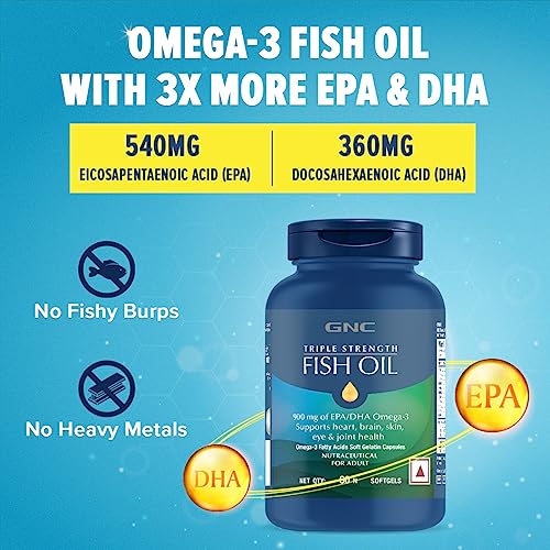 Image of GNC Triple Strength Fish Oil Omega 3 Capsules for Men & Women | 60 Softgels (pack of 2) | 900mg EPA & DHA | Improves Memory | Protects Vision | No Fishy Aftertaste | Supports Family Health | USA Formulated
