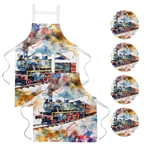 Lot de 2 tabliers de cuisine avec 4 broches motif train aquarelle pour bistrot