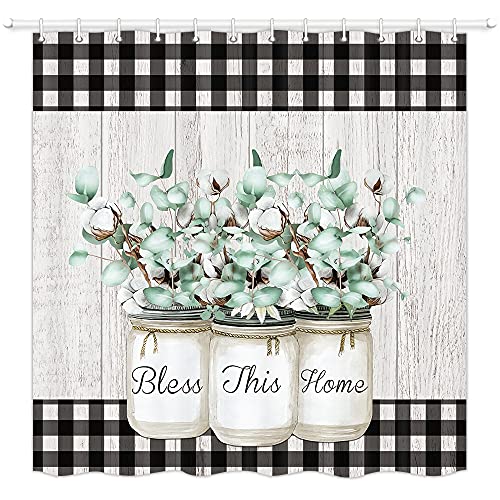 Farmhouse Shower Curtain, Farm Cotton Flower In Jar On Country Rustic Gray Wooden Plank Fabric Shower Curtain Set, Black And White Buffalo Check Bathroom Accessories Decor, Hooks Included, (69X70) #TOP9