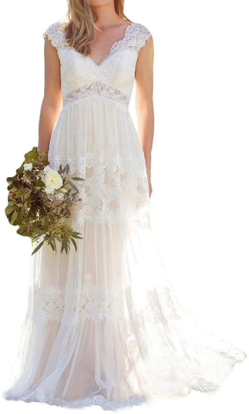 Elegante Vestido de Novia Simple Encaje Playa Bohemio Moda NEANial, Marfil, 42