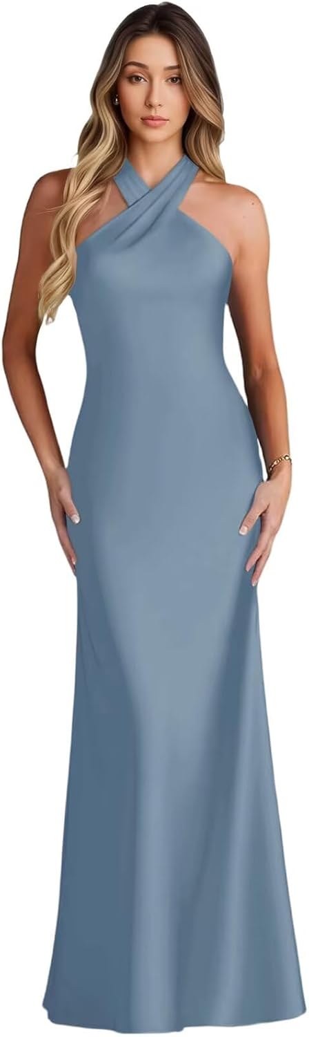 Eightale Halter Satin Bridesmaid Dresses for Wedding Long Mermaid Formal Prom Gown for Women