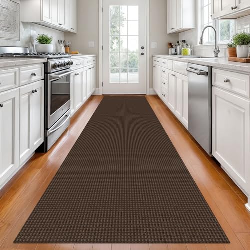KOZYFLY Long Runners for Hallways 2.6x12 ft Washable Kitchen Runner Non Slip Rubber Backed Hallway Rugs Cotton Entryway Runner Rug Floor Carpet for Indoor Hall, Backdoor, Kitchen, Reddish Brown/Coffee