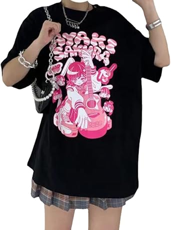 Kawaii Oversized Pink Anime Girl Summer T-Shirt Cute Cartoon Tee Manga Egirl Emo Tee Harajuku Y2k Gothic Teen Plus Size