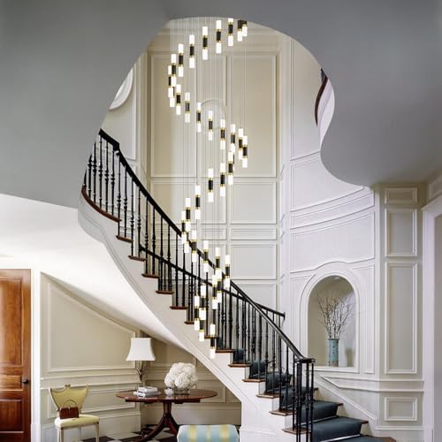 Image of 36-Light Modern Chandeliers for Entryway Ceiling Pendant Light Dimmable LED 216W Staircase Large Chandelier Lobby Living Room Foyer High Ceiling Chandelier (Black Gold)