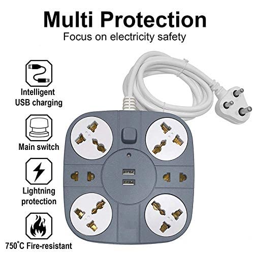 Image of Extension Cord with 2 USB Charging Ports and 4 Socket Heavy Duty Multiplug Extension Board for Multiple Devices - Smartphone, Computer, Tablet, Laptop (Color May Vary)