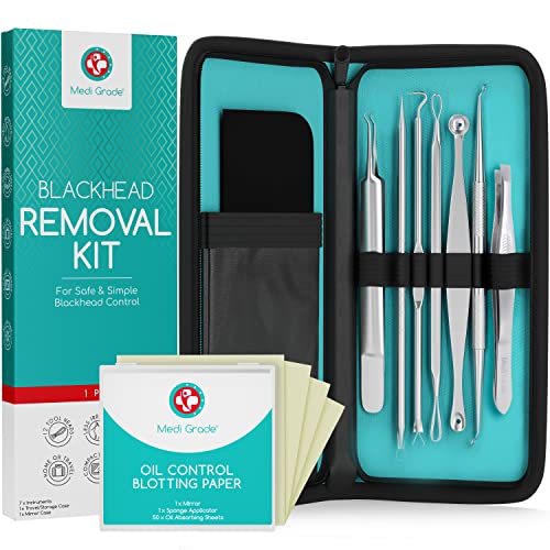 Kit de 7 Instruments d’Extraction de Point Noir, Tire Comédons en Acier Inoxydable de Medi Grade, Outils d’Extraction de Points Noirs, Kit de Soin Visage...