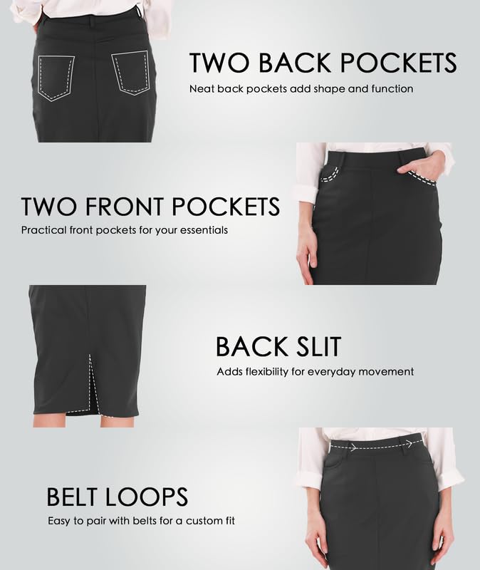 Houmous Women's Cotton Work Pencil Skirt Stretch Office Midi Below Knee Bodycon Belt Loops Back Slit Pockets4