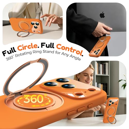Image of Silicone 360 Spin Magnetic Stand Case for iPhone 17 Pro Max, [Compatible with Mag-Safe][Reinforced Hard Camera Protection] Liquid Silicone Rubber Phone Cover with Ring, Camera Button, Orange