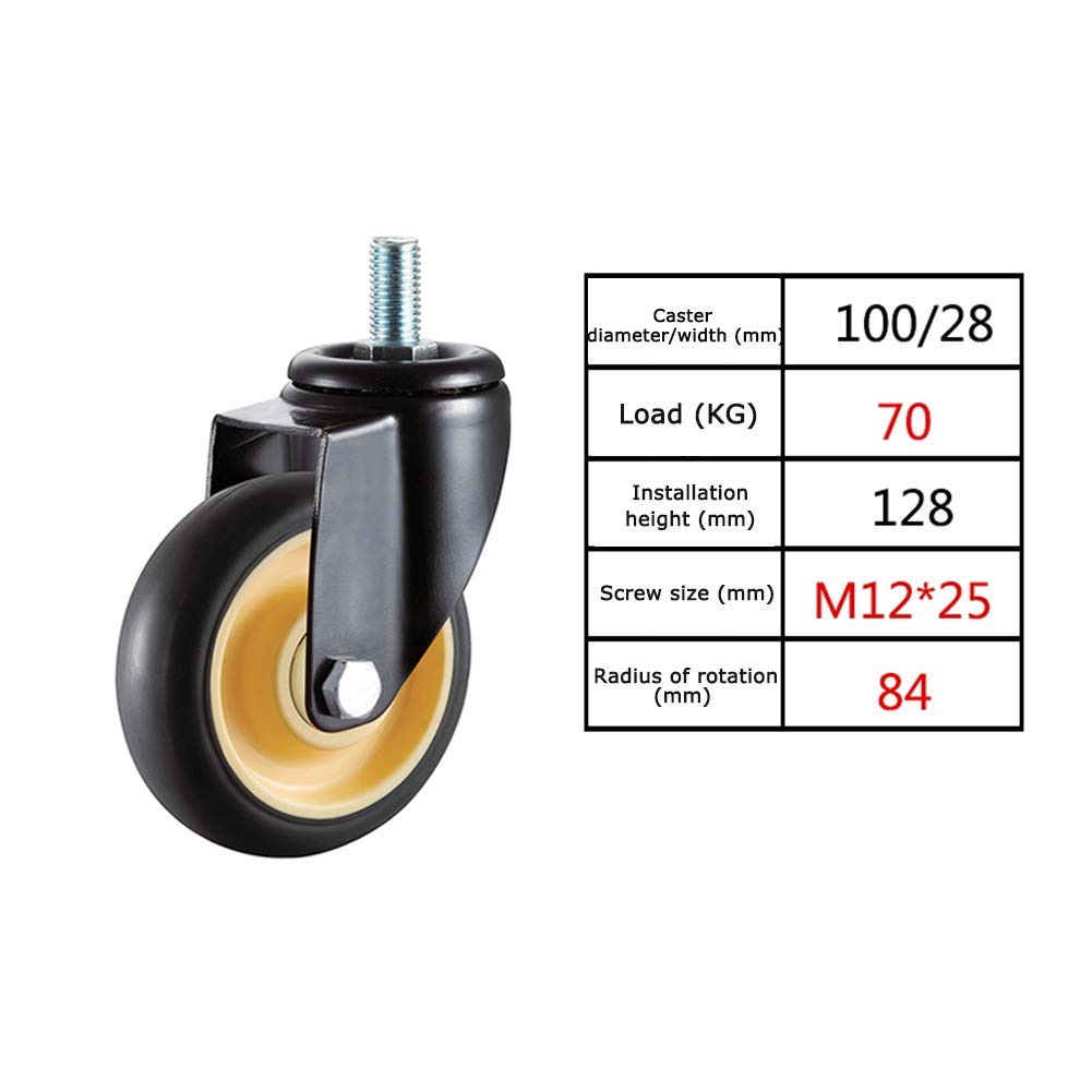 Ruote per carichi Pesanti, 4 Ruote industriali con Stelo in Gomma Resistente, Filettatura M12, 3" 4 Pollici, Portata 300 kg, silenziose, per carrelli di Trasporto mobili - Vite (2 Senza Fren