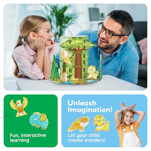 PicassoTiles Magnet Tile Building Block Safari Themed Set with 8 Compatible Magnetized Animal Action Figures Build Blocks Toddler Creativity Toys STEAM Educational Learning Skills Ages 3+ PTQ12