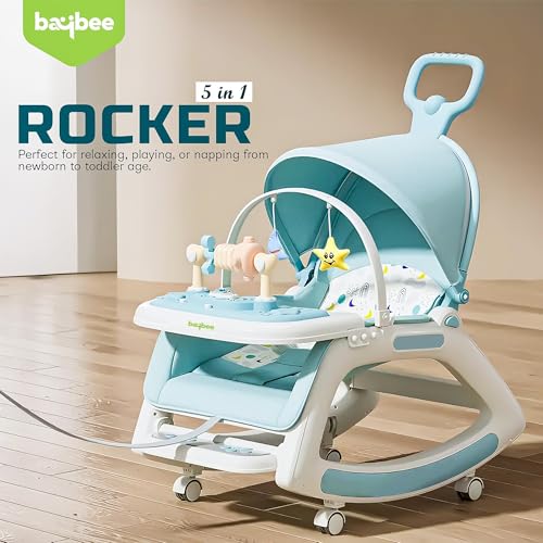 Image of Baybee 5 in 1 Baby Rocker for Babies | Portable Rocking Chair for Kids with Parent Handle, Multi Position Recline, Tray & Music | Baby Bouncers 0 to 3 Years Boys Girls (Blue)