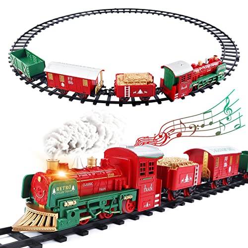 deAO Comboio Infantil Clássico com Luzes e Sons, Conjunto Natalino de Trilhos, Locomotiva e 3 Vagões, Comboio de Juguete Eletrónico Decoração de Natal (Vermelho 05)