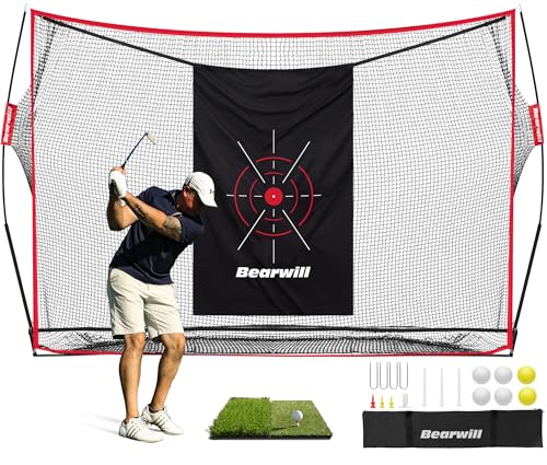 Bearwill Golf Net, 10x7ft Heavy Duty Golf Practice Nets with Mat, Target Cloth, 8 Tees, 6 Balls...
