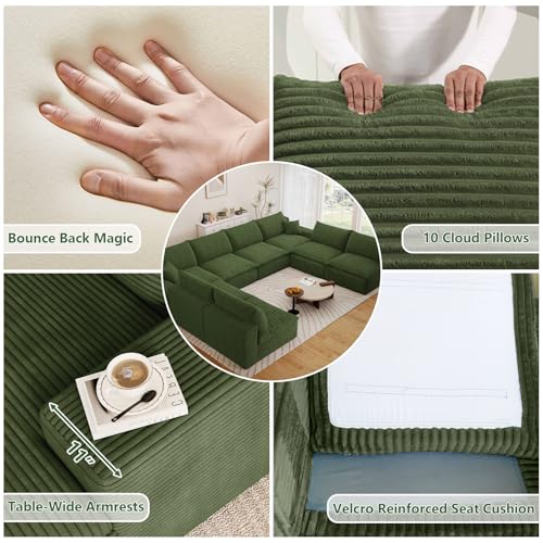 Image of 136 inch Cloud Couch Modular Sectional Sofa for Living Room, U-Shape Boneless Couch with Deep Seat, Modern Corduroy 8-Seater, No Assembly Required, Green