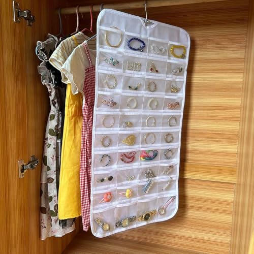 Image of Hanging Jewelry Organizer 48-Pocket Dual-sided Jewelry Storage for Jewelry Earring Necklace Bracelet Ring Storage Travel Holder, WHITE