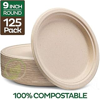 Stack Man 100% Compostable 9" Paper Plates [125-Pack] Heavy-Duty Quality Natural Disposable Bagasse