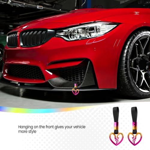 Image of 2PCS Heart Shaped Car Handle Straps, Rear Bumper Warning Keychain Ring for Car Exterior Accessories (Chrome Rainbow Broken Heart - Black)