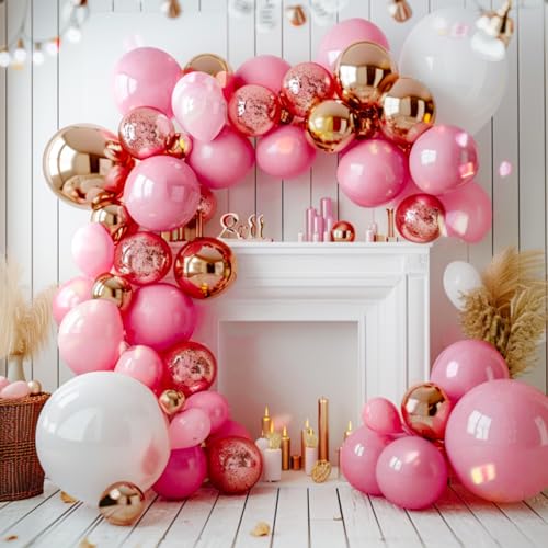 Image of PartyWoo Pink and Gold Balloons, 140 pcs Pastel Pink and Chrome Gold Balloons Different Sizes Pack of 18 Inch 12 Inch 10 Inch 5 Inch for Balloon Garland Arch as Birthday Decorations, Party Decorations