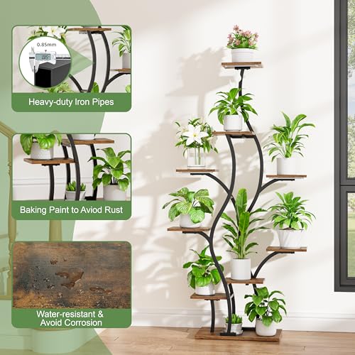 Image of Plant Stand Indoor with Grow Lights - Lighted Plant Shelf Indoor, 64.5 inch Tall Corner Plant Stands for Indoor Plants, 9 Tiered Tree-Shaped Flower Shelf Metal Holder for Living Room, Bedroom, Black
