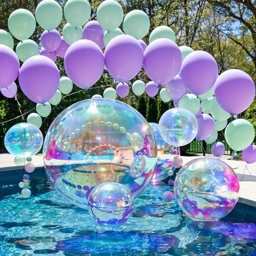 Image of Iridescent Round Foil Balloons 32 Inch 5 Pcs Holographic 4D Ball Balloons Clear Balloon Ornament Mylar Balloon for Girls Mermaid Under The Sea Rainbow Birthday Wedding Baby Shower Party Decor