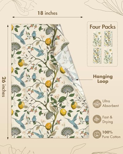 Image of Miss Adola 4PCS Flour Sack Towels - 18 inchx 26 inch Floursack Dish Towels Set of 4 with Hanging Loop Cotton Tea Towel Absorbent French Decorative Dishcloth for Drying Home Decor Housewarming Gift, Lemon Bird