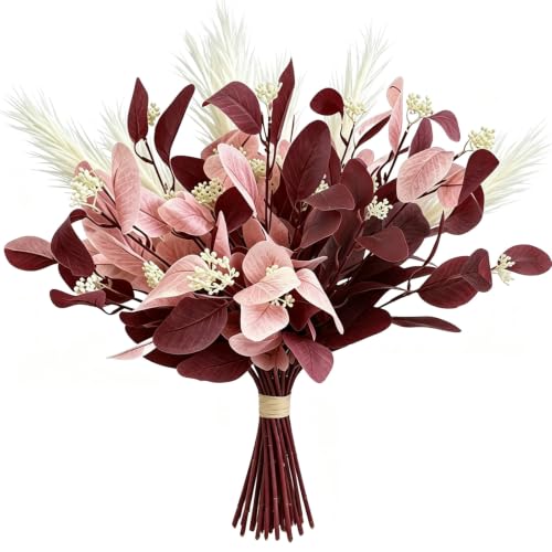 KALEIJAS 15Pcs Artificial Burgundy Pink Eucalyptus & Pampas Grass Stems 20'