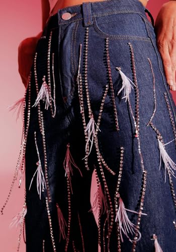 Women's Rhinestone Tassels Jeans High Waist Sright Leg Baggy Y2K Sparkly Side Slit Fringe Feather Denim Pants3