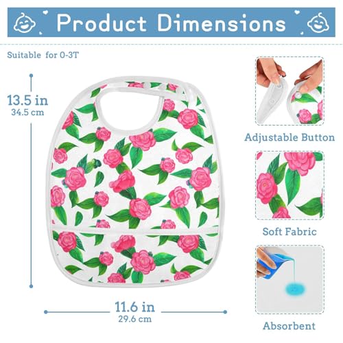 MCHIVER Camellia Floral White Baby Bibs for Boy Girl Toddler Waterproof Feeding Bib Apron with Food Cather Adjustable Cotton Food Eating Bib 2 Pack2