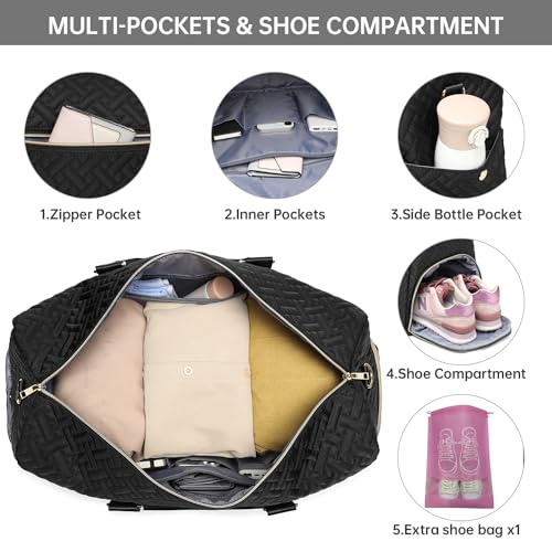 Image of Duffle Bag for Travel, Weekender Bag with Shoe Compartment, Carry On Overnight Bag for Women Gym Bag, Black Gold