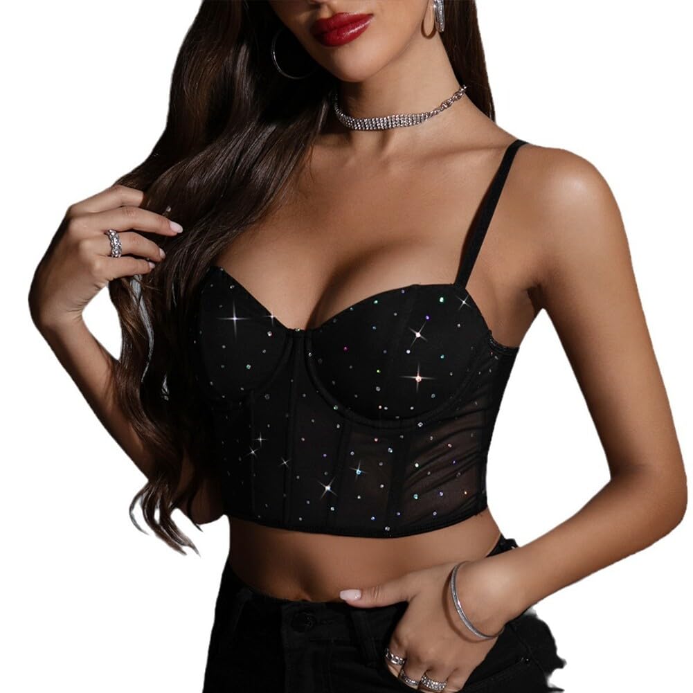 Top corto da donna con paillettes, top con spalline e ferretto integrato, senza maniche, schiena scoperta