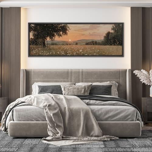 Image of MUDECOR Large Framed Canvas Print Wall Art Golden Sunset Meadow with Wildflowers Warm Landscape Antique Retro Ready to Hang Painting for Living Room Bedroom Multi-Sizes - 60 inchx20 inch