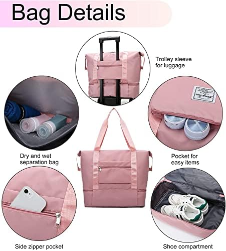 Large Capacity Folding Travel Bag with Dry Wet Separation Pocket, Expand Carry On Overnight Tote Bags for Women Airplanes with Luggage Sleeve, Waterproof Travel Duffle Gym Weekend Bags(deep pink)) 4 Large Capacity Folding Travel Bag with Dry Wet Separation Pocket, Expand Carry On Overnight Tote Bags for Women Airplanes with Luggage Sleeve, Waterproof Travel Duffle Gym Weekend Bags(deep pink))