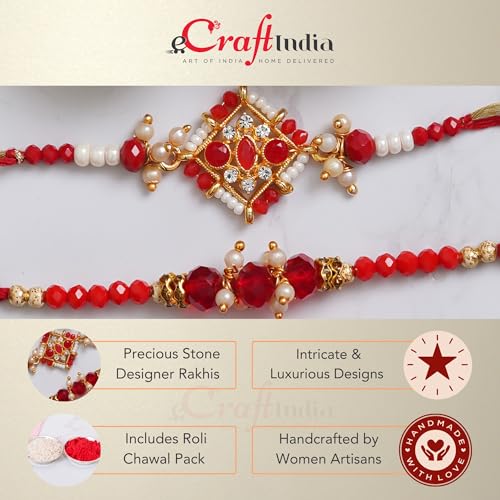 Image of eCraftIndia Set of 2 Peach, Green & Golden Pearls, Designer Rakhis | Roli Chawal Pack