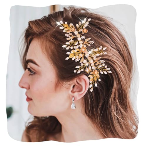 Image of Evild Rhinestone Wedding Hair Comb Leaf Bead Bride Headpieces Hair Clip Crystal Bridal Headdress Flower Wedding Hair Accessories for Brides and Bridesmaids (Gold)