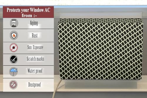 Image of The Furnishing Tree Elastic fit waterproof Polyester window ac cover compatible for Blue Star 0.8 Ton WFD318P Dustproof cover for inner and outer section, Check Coffee