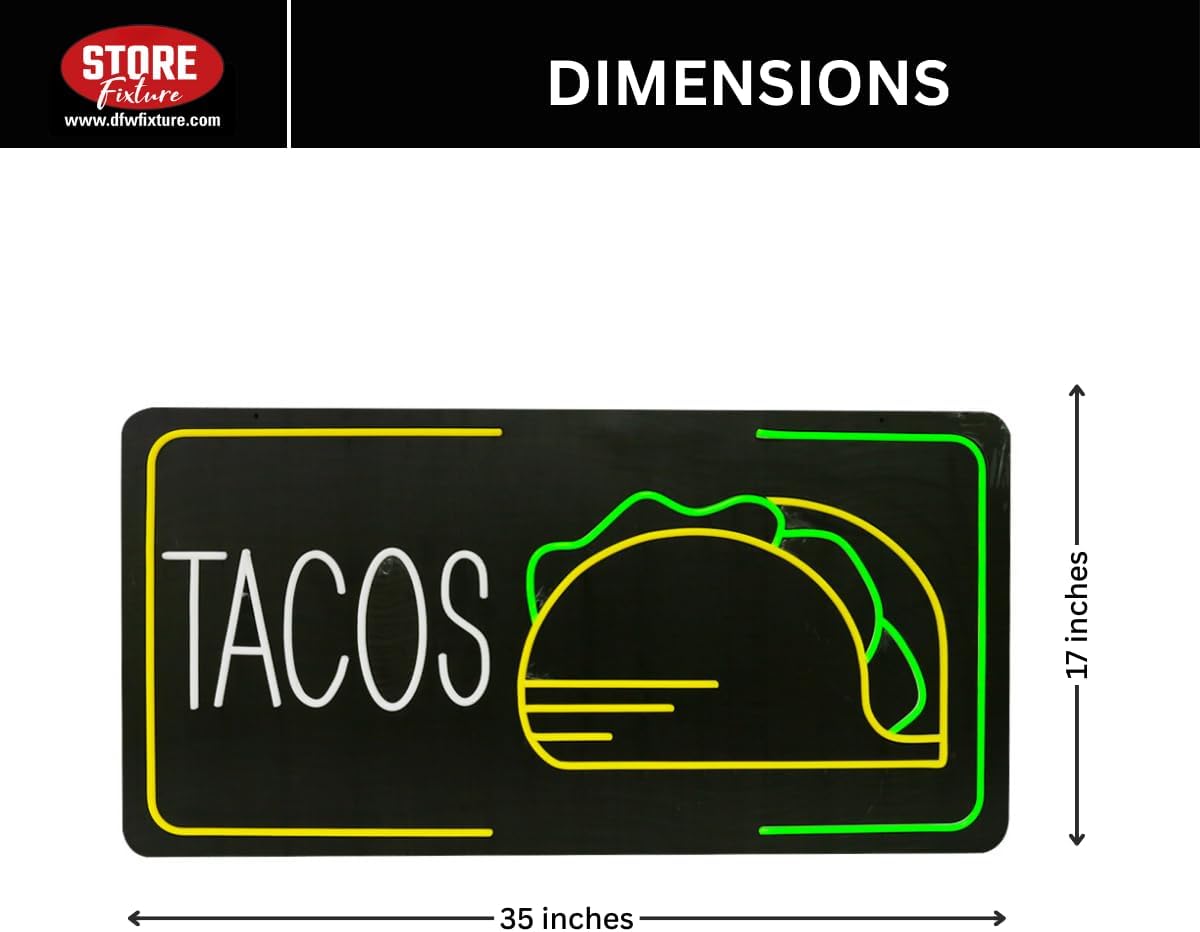Tacos Led Sign, 35" x 17" Hanging Wall Art Decoration for Business Mexican Restaurant Fast Food Shop/Truck, Bar, Pub | Ultra Bright Dimmable Hanging Neon Display