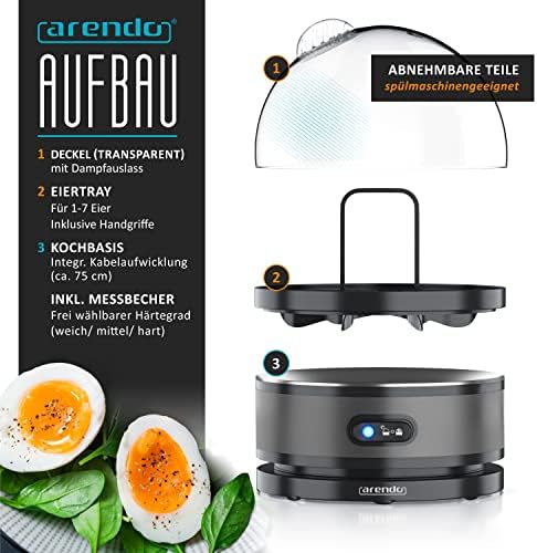 Bild 2 - Arendo Sevencook Eierkocher 400 W – Edelstahl Design - 1-7 Eier - Egg Cooker - EIN/AUS-Schalter – 3 Härtegrade wählbar - Warmhaltefunktion - Signalton - BPA-frei | cool grey