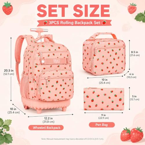 Image of 3Pcs Rolling Backpack for Women Girls with Large Wheels, 20 Inches Detachable Wheeled Backpack Set, Adults Water Resistant Roller Backpack for Travel, Work, College School (Pink)