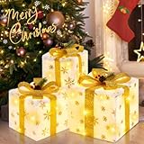 Set of 3 Christmas Lighted Gift Boxes, Plush Pre-lit 70 LED Light Up Present Boxes with Gold Snowflake, Battery Operated Christmas Decorations for Indoor Home, Housen Solutions